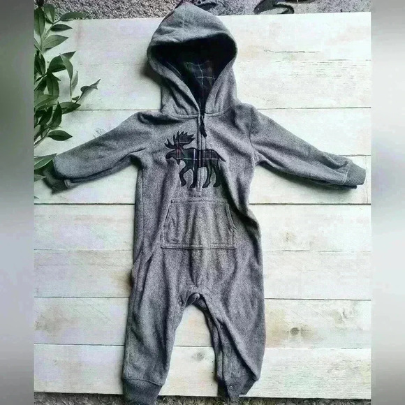 Carters 1PC Moose Animal Hooded Boys Fleece Jumpsuit Romper Coveralls Gray 18M - Picture 1 of 5